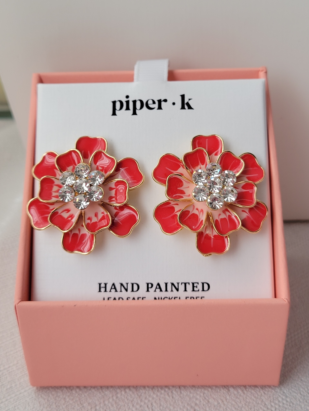 Piper K Coral-Pink Floral Crystal Cluster Earrings